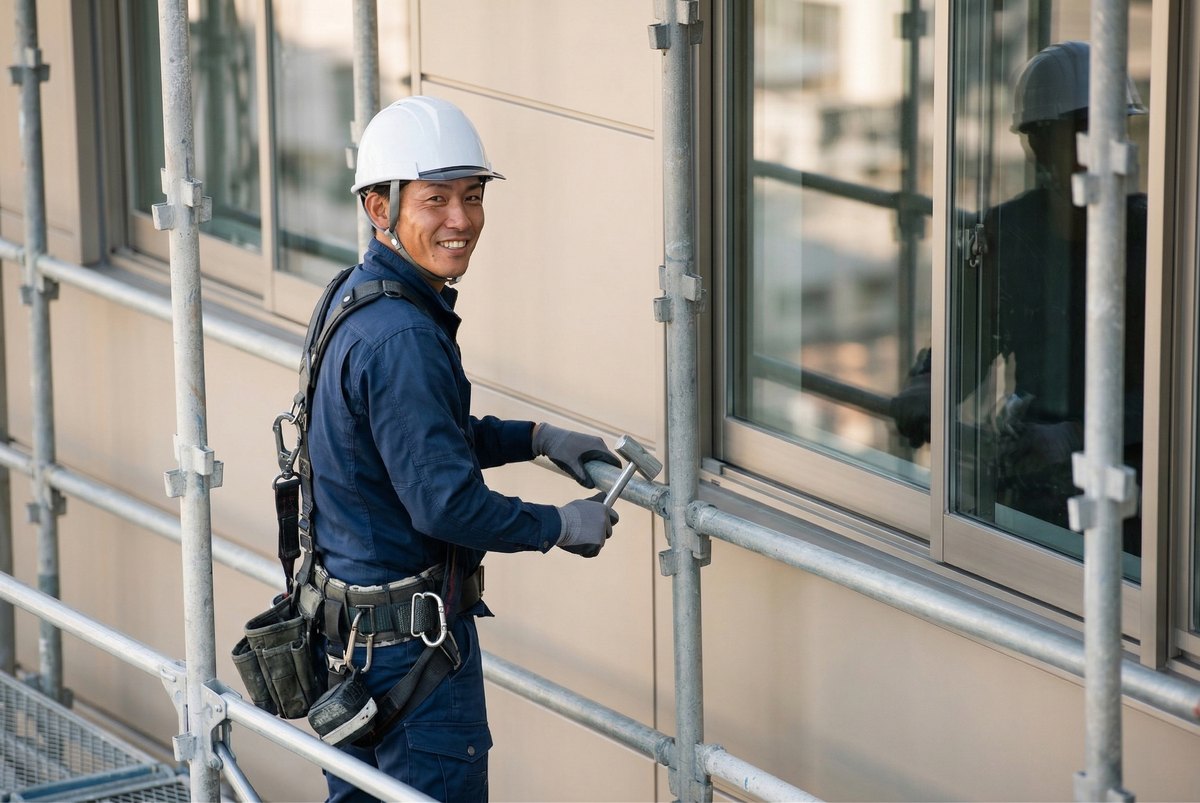 戸建て住宅の足場で作業するスタッフ